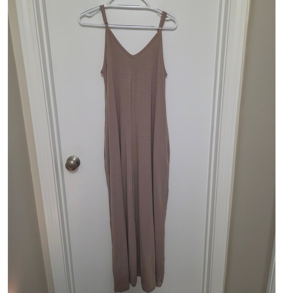 Zenana Mauve Taupe V-Neck Maxi Dress Pockets Womens L - Picture 2 of 5
